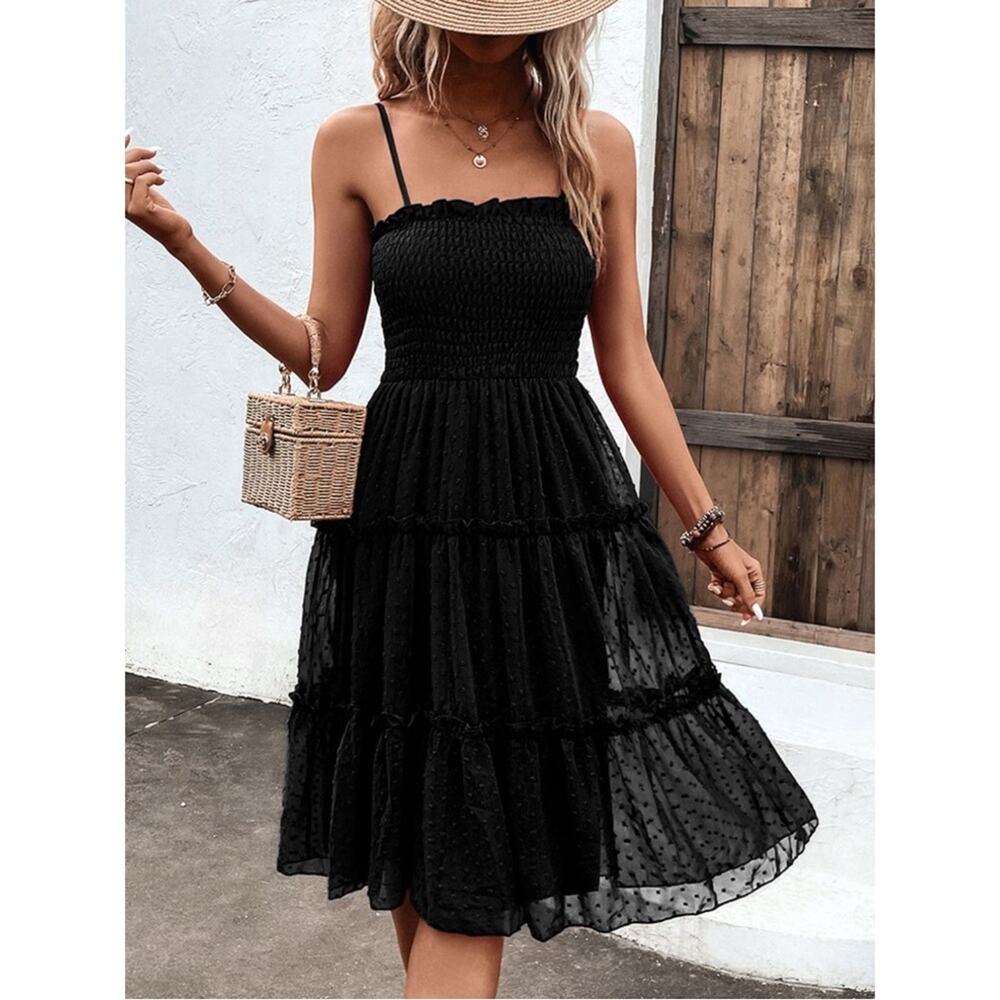 Boutique Black Smocked Spaghetti Strap Swiss Dot Tiered Midi Dress